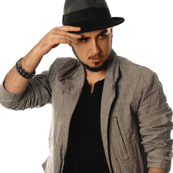 Square portrait of glamour young man in hat and jacket looking a — Stock Photo, Image