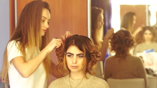 Joven estilista chica hace peinado a una dama — Vídeo de stock