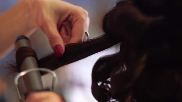Молода блондинка-стилістка робить зачіску жінці — стокове відео