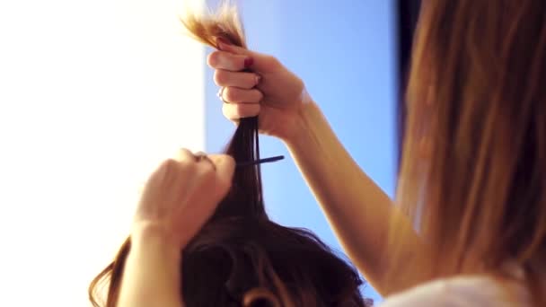 Menina estilista jovem faz penteado para uma senhora — Vídeo de Stock