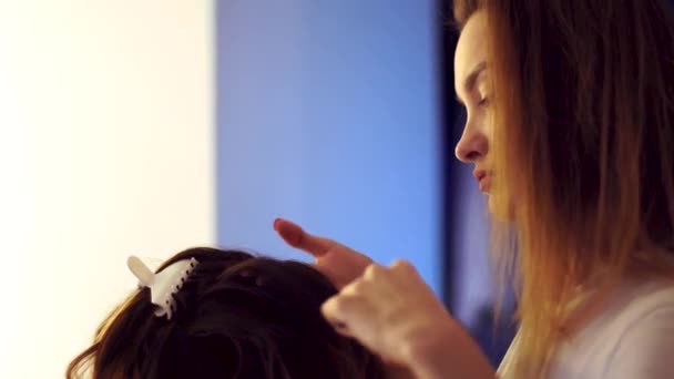 Jonge stylist meisje maakt kapsel met een dame — Stockvideo