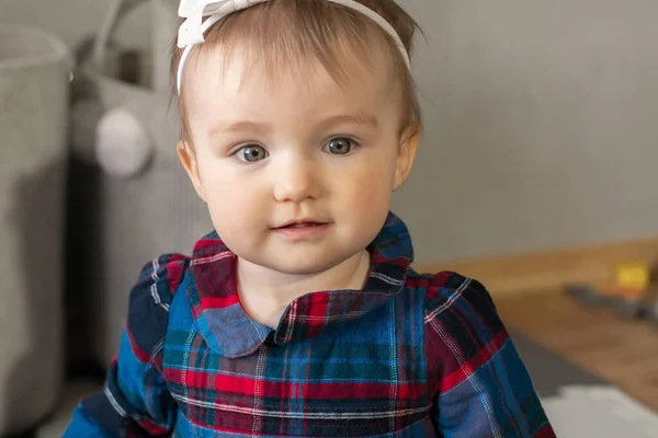 Closeup Portrait Cutie Little Baby Girl Smiles Home — Stock Photo, Image