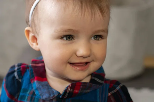 Close Portrait Cutie Little Baby Girl Smiles Home — Stock Photo, Image