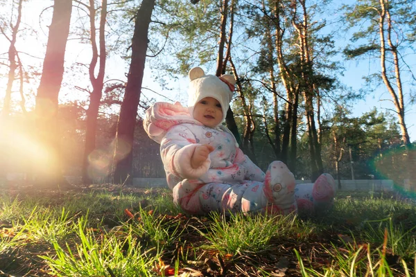 Glad liten flicka leker med kottar i skogen — Stockfoto