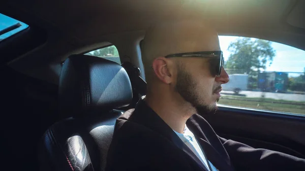 Sexy Young Man Drivin Car Black Sunglasses — Stock Photo, Image