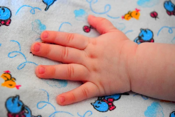 Μικρό Χέρι Ενός Μωρού Στο Φόντο Ενός Φύλλου Κρεβατιού Μωρού — Φωτογραφία Αρχείου