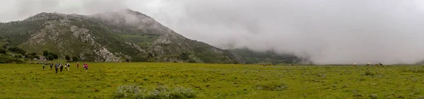 Wandelaars door vallei met opkomende mist — Stockfoto