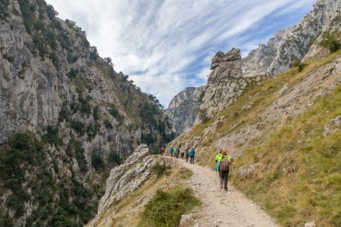 Dağlık yolda yürüyen yürüyüşçüler