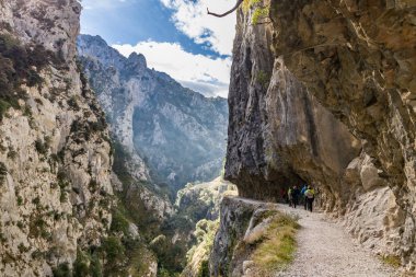 Dar bir dağ yolunda yürüyen yürüyüşçüler