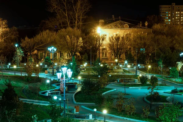 Khabarovsk, Rusya - 24 Ekim 2019: Khabarovsk 'un Komsomolskaya Meydanı gece fenerlerin ışığında.