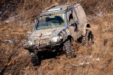 Khabarovsk, Rusya - 11 Kasım 2019: Jeep Suzuki Jimny ormandaki engelleri aştı.