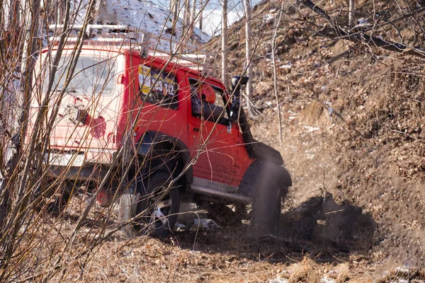 Khabarovsk, Ρωσία - Νοέμβριος 11, 2019: Jeep Suzuki Jimny υπερνικά τα εμπόδια στο δάσος. — Φωτογραφία Αρχείου