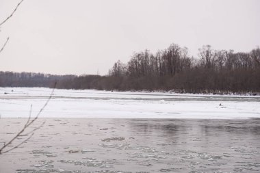 Kışın Rus Dağı nehri. Kıyıda kar var. Buzlu suyun hızlı akışı.