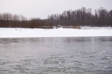 Kışın Rus Dağı nehri. Kıyıda kar var. Buzlu suyun hızlı akışı.