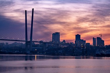 Vladivostok, Rusya - Ocak 09, 2020: Kışın Altın Boynuz Köprüsü manzarası. - Rusya. Vladivostok.