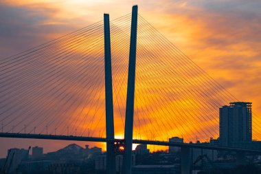 Vladivostok, Rusya - Ocak 09, 2020: Kışın Altın Boynuz Köprüsü manzarası. - Rusya. Vladivostok.