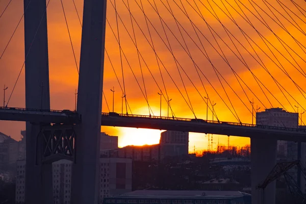 ウラジオストク,ロシア- 2020年1月9日:冬のゴールデンホーン橋の眺め。ロシアだ。ウラジオストク. — ストック写真