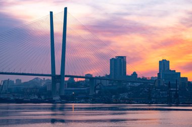 Vladivostok, Rusya - Ocak 09, 2020: Kışın Altın Boynuz Köprüsü manzarası. - Rusya. Vladivostok.