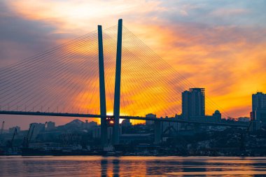 Vladivostok, Rusya - Ocak 09, 2020: Kışın Altın Boynuz Köprüsü manzarası. - Rusya. Vladivostok.