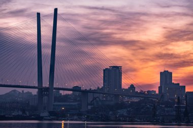 Vladivostok, Rusya - Ocak 09, 2020: Kışın Altın Boynuz Köprüsü manzarası. - Rusya. Vladivostok.