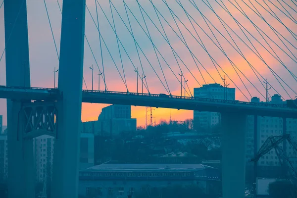 Wladiwostok, Russland - 09. Januar 2020: Blick auf die Goldhornbrücke im Winter. Russland. Wladiwostok. — Stockfoto