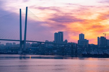 Vladivostok, Rusya - Ocak 09, 2020: Kışın Altın Boynuz Köprüsü manzarası. - Rusya. Vladivostok.