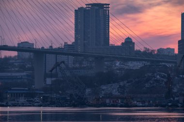 Vladivostok, Rusya - Ocak 09, 2020: Kışın Altın Boynuz Köprüsü manzarası. - Rusya. Vladivostok