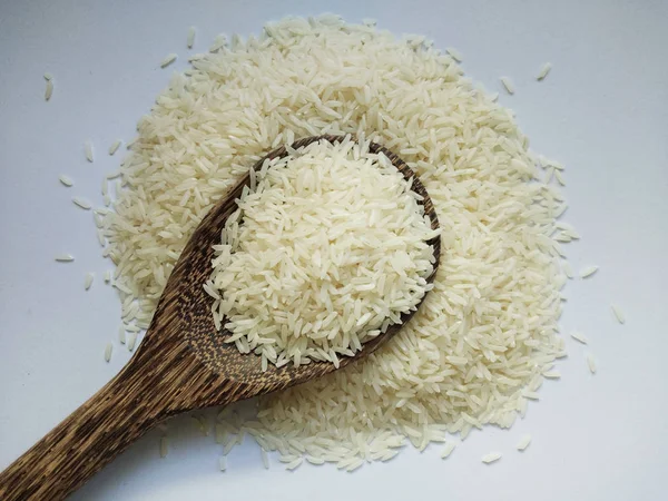 Jasmine rice on white background , close up — Stock Photo, Image