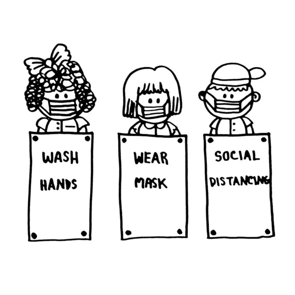 手を洗う マスクを着用 子供と社会的距離テキスト男の子と女の子のマスクを身に着けている細菌ウイルスを防ぐストップCovid 手描き 漫画の人形 — ストック写真