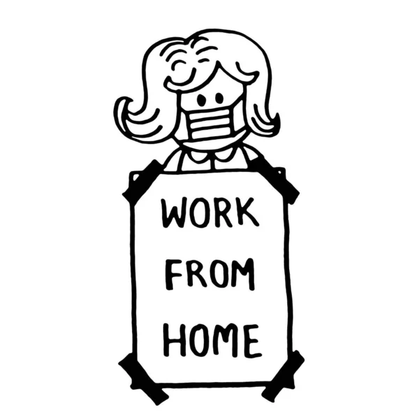 Work Homeテキストバナー付き女性のマスクを身に着けている細菌ウイルスを防ぐCovid 手描き 漫画の人形 — ストック写真