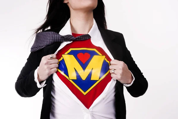 Mother Tears Clothing Revealing Superhero Uniform Flight Suit Supermom — Stock Photo, Image
