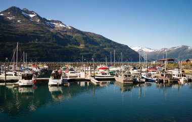 Whittier, Alaska/Amerika Birleşik Devletleri, 5 Ağustos: Tekneler yat limanında demirlemiş ve 08/20/15'te Whittier, Ak üzerinde dağlarla çevrili bu Harbor çok korunur.