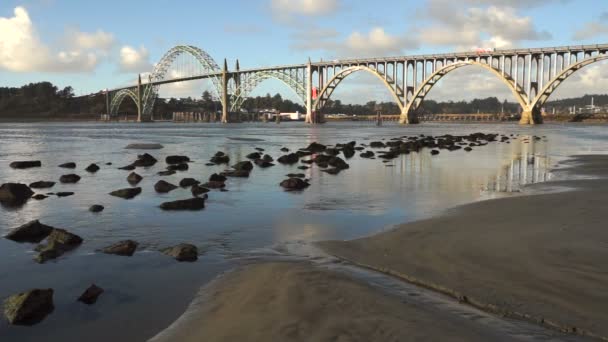 Yaquina Bay Shellfish Preserve Newport Bridge Boca do Rio Oregon — Vídeo de Stock