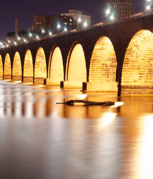 Kamień Arch Bridge St Paul Minnesota Mississippi Rzeka Night — Zdjęcie stockowe