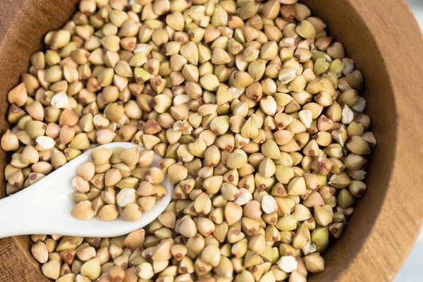 Buckwheat Groats Bulk Whole Grain Food White Spoon — Stock Photo, Image