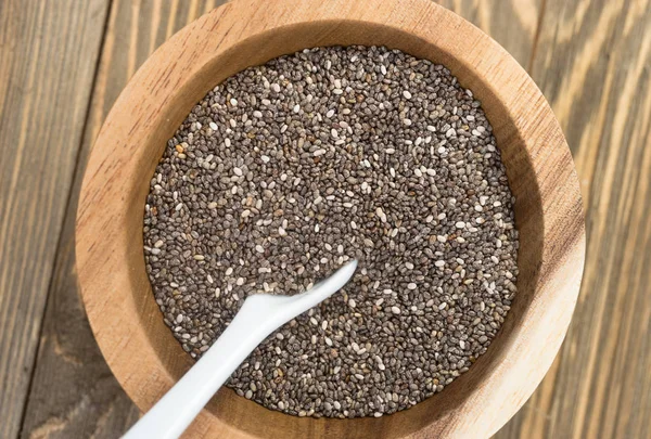 Wooden Bowl Chia Seeds Whole Food Scoop — Stock Photo, Image