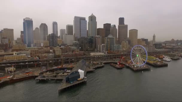 Seattle Waterfront Pier Puget Sound Godziny szczytu Downtown City Skyline — Wideo stockowe
