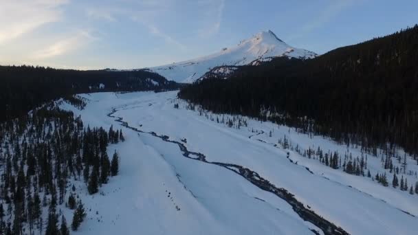 Zachód Słońca Mount Hood Timberline Łąki Creek Świeżego Śniegu Anteny — Wideo stockowe