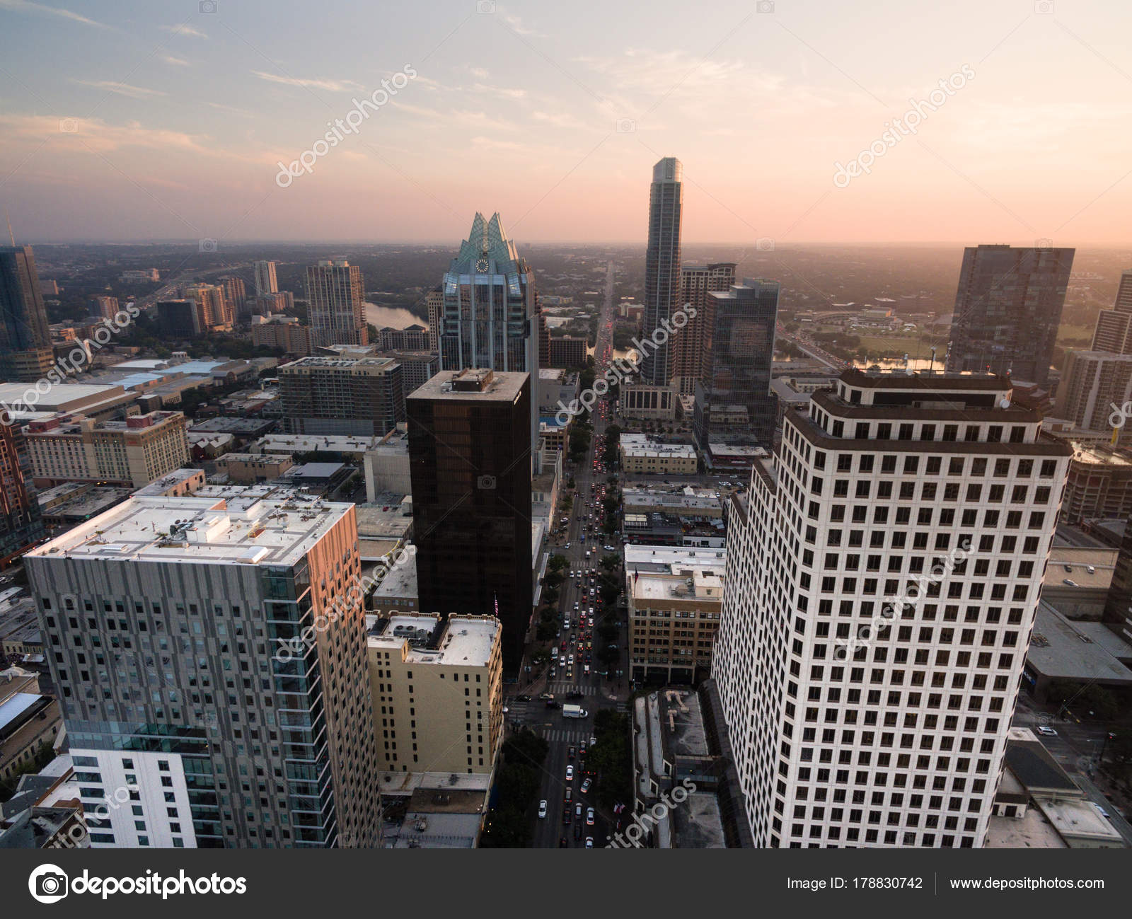 Over Downtown Austin Texas Main Street Traffic Sunset Stock Photo by
