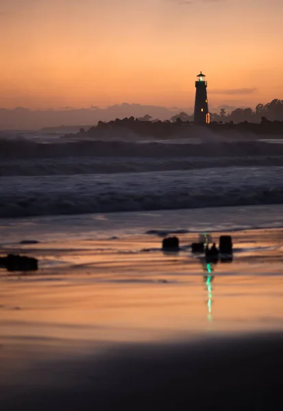 Orange Sunset California Coast Pacific Ocean Beach Lighthouses — Stock Photo, Image