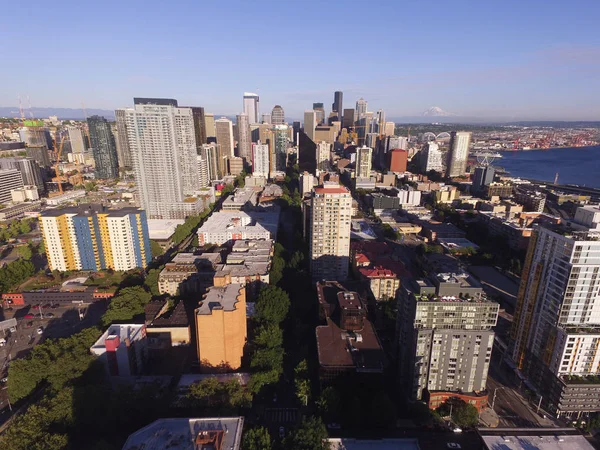 Aerial View Over Seattle Inter Urban Downtown City Skyline Buildings — Stock Photo, Image