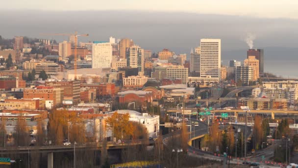 Innenstadt Tacoma Washington Stadtsilhouette Straßenverkehr — Stockvideo