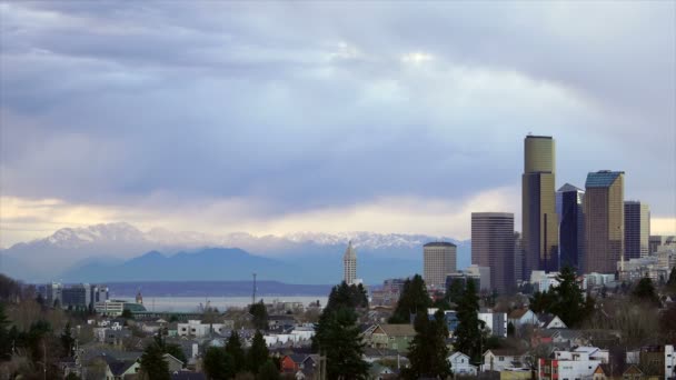 Cielo Tempestoso Seattle Washington Puget Sound Downtown City Skyline — Video Stock