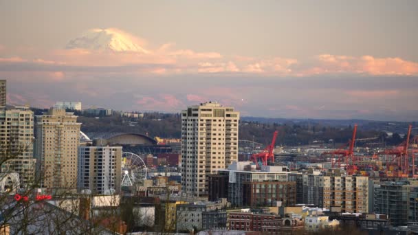 Красочный Розовый Закат Rainier Seattle Waterfront Port Marina — стоковое видео