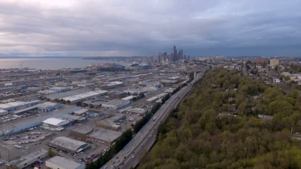 South Seattle Interstate Commuter Traffic Aerial View — Stock Video