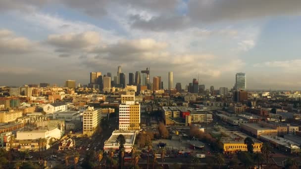 Downtown City Skyline Glows Rich Color Sunset Form Aerial View — Stock Video