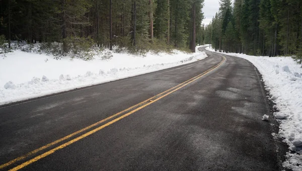 Dvě Lane asfalt silnice vede přes zimním lese — Stock fotografie