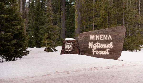 Téli erdő Winema National Forest üdvözlő táblát — Stock Fotó