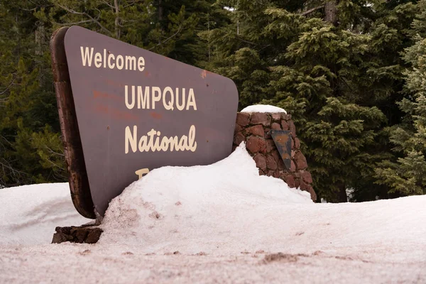 Zimní les Umpqua National Forest uvítací cedule — Stock fotografie