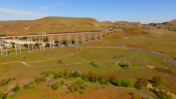 Treno Merci Lungo Viaggi Ferrovia Trestle Bridge Lyons Ferry — Video Stock